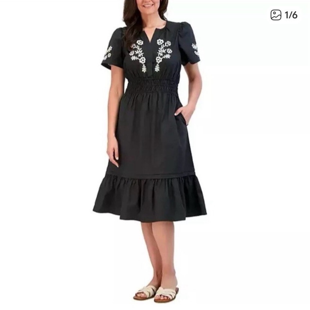 French Connection Black Midi Dress with Cream Floral Embroidery